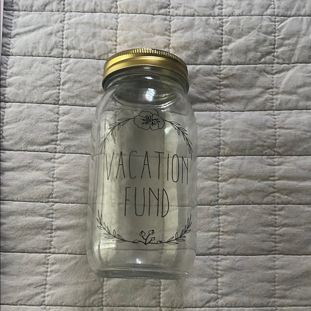 Glass Vacation Fund Jar with Gold Lid